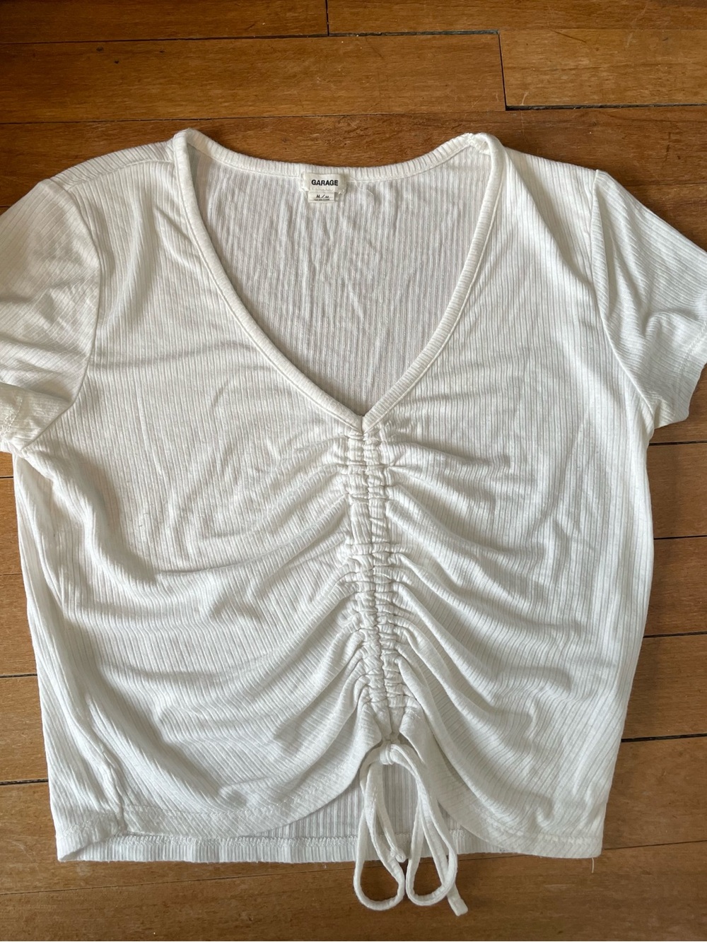 Garage Cream Ribbed Ruched V-Neck Crop Top - Picture 2 of 5